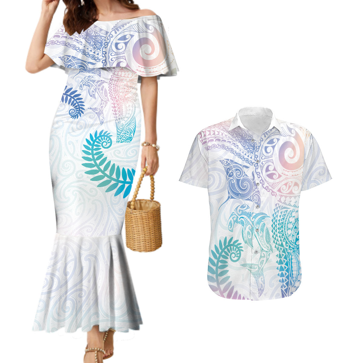 Aotearoa Maori Sea Animals Tribal Couples Matching Mermaid Dress and Hawaiian Shirt Manta Ray and Shark Moko Pattern Sweet Pastel