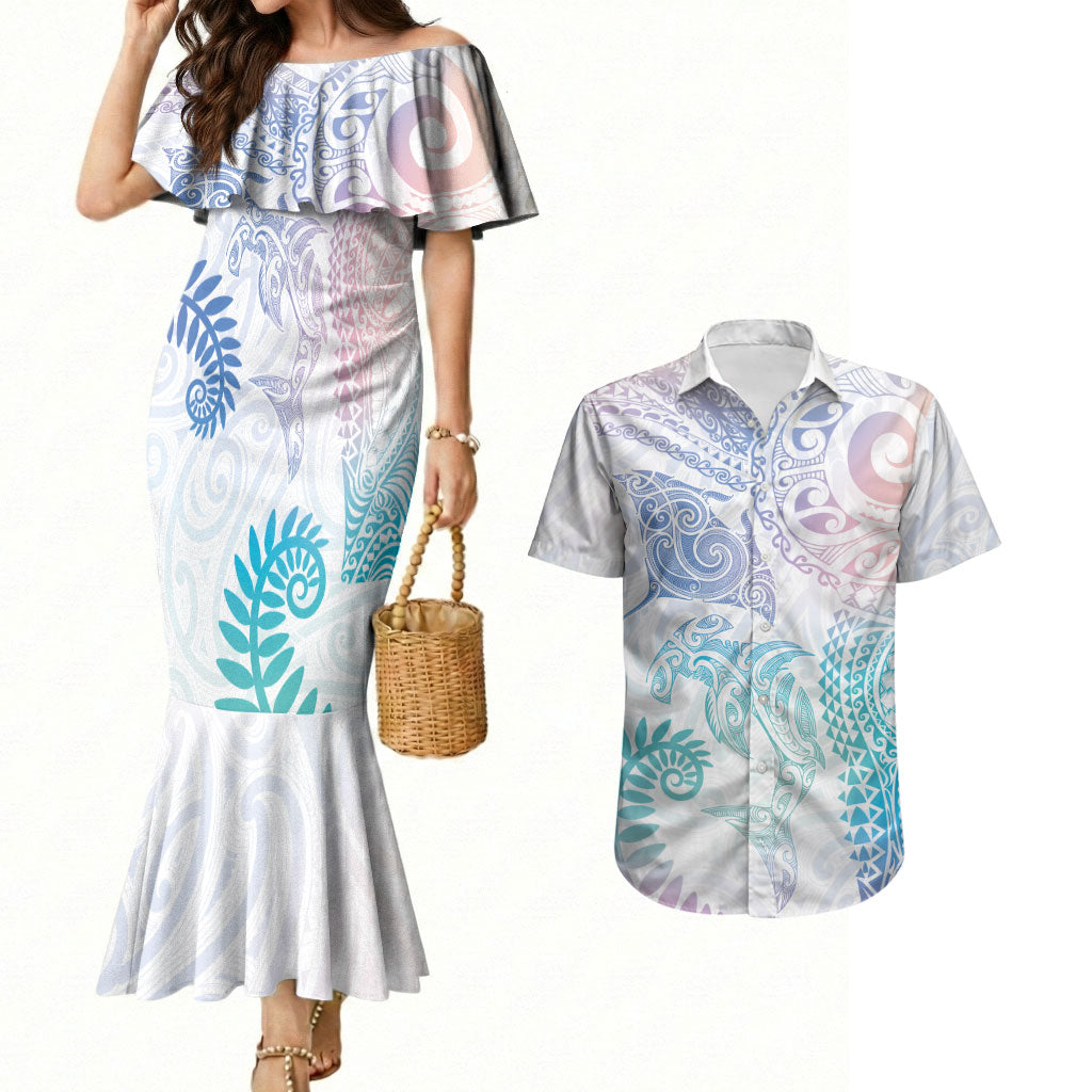Aotearoa Maori Sea Animals Tribal Couples Matching Mermaid Dress and Hawaiian Shirt Manta Ray and Shark Moko Pattern Sweet Pastel LT03 Multicolor - Polynesian Pride