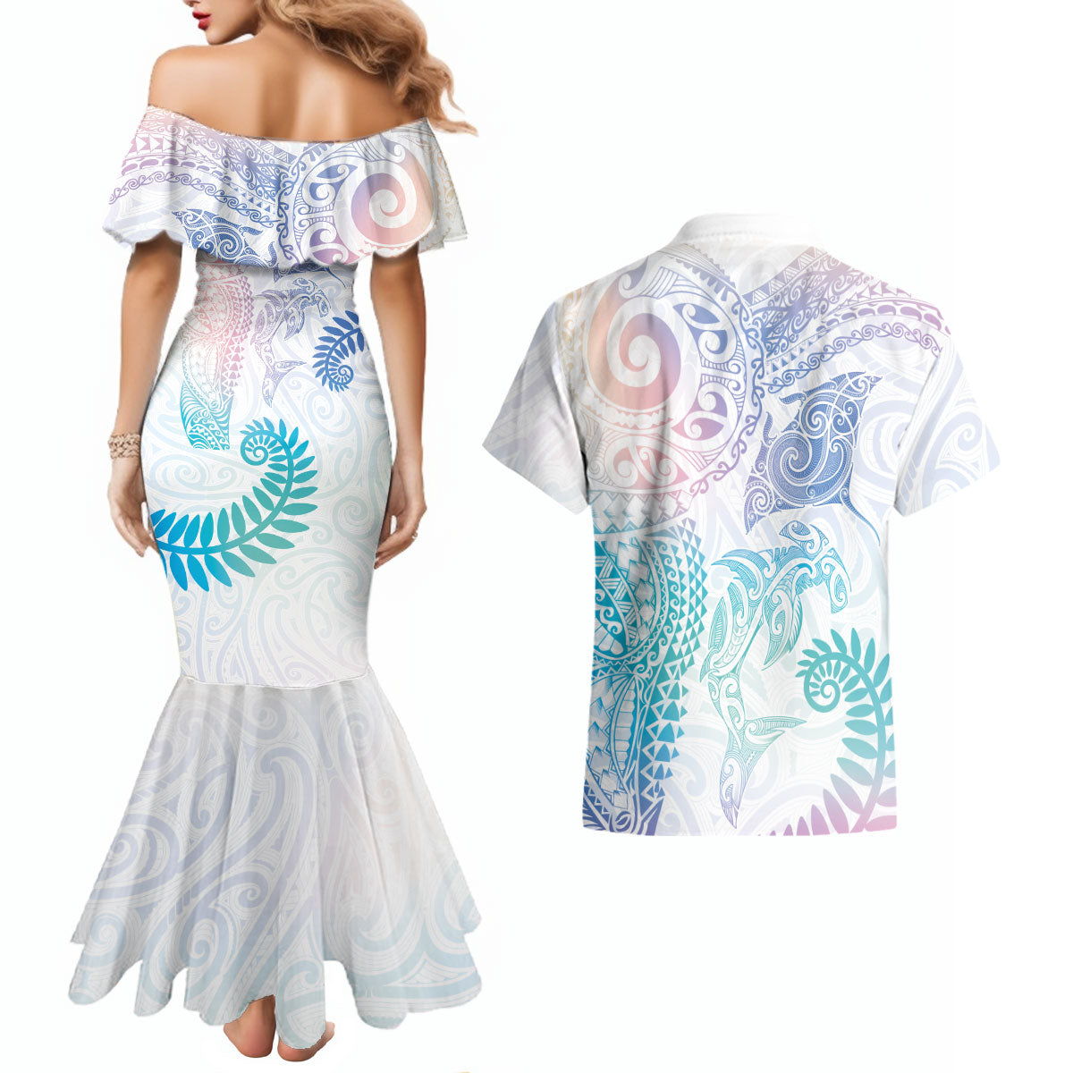 Aotearoa Maori Sea Animals Tribal Couples Matching Mermaid Dress and Hawaiian Shirt Manta Ray and Shark Moko Pattern Sweet Pastel