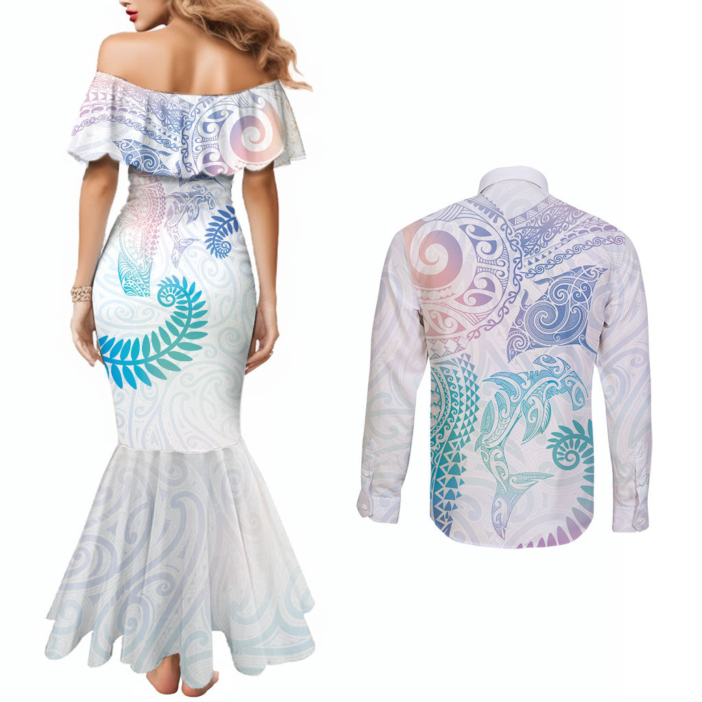 Aotearoa Maori Sea Animals Tribal Couples Matching Mermaid Dress and Long Sleeve Button Shirt Manta Ray and Shark Moko Pattern Sweet Pastel