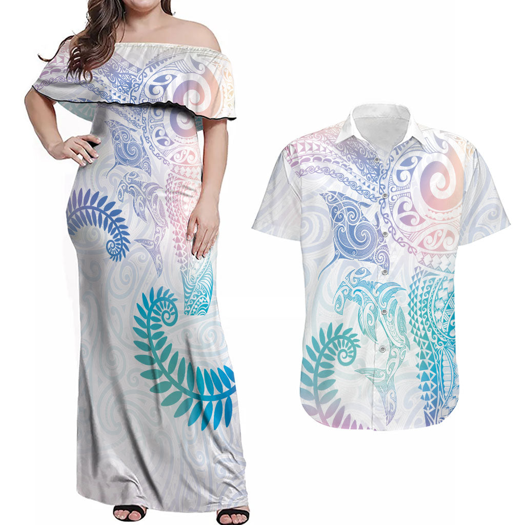 Aotearoa Maori Sea Animals Tribal Couples Matching Off Shoulder Maxi Dress and Hawaiian Shirt Manta Ray and Shark Moko Pattern Sweet Pastel