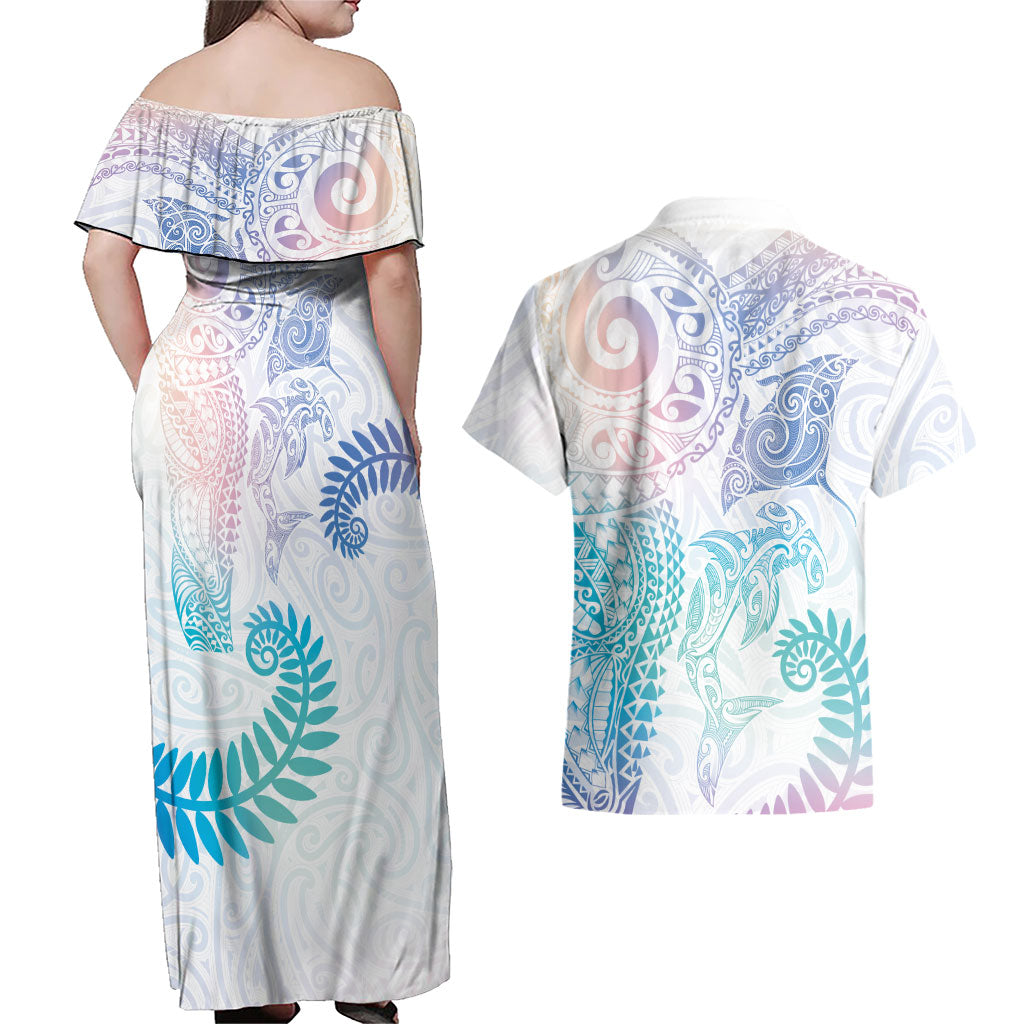 Aotearoa Maori Sea Animals Tribal Couples Matching Off Shoulder Maxi Dress and Hawaiian Shirt Manta Ray and Shark Moko Pattern Sweet Pastel