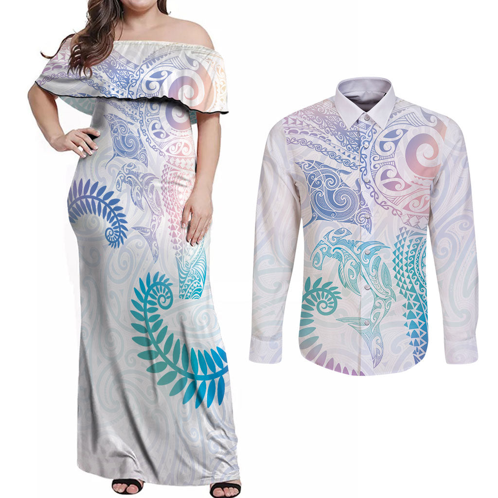Aotearoa Maori Sea Animals Tribal Couples Matching Off Shoulder Maxi Dress and Long Sleeve Button Shirt Manta Ray and Shark Moko Pattern Sweet Pastel