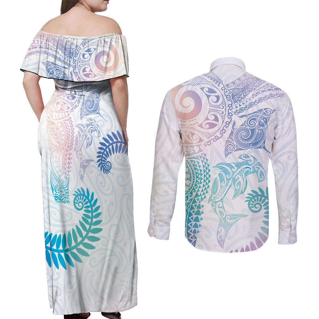 Aotearoa Maori Sea Animals Tribal Couples Matching Off Shoulder Maxi Dress and Long Sleeve Button Shirt Manta Ray and Shark Moko Pattern Sweet Pastel