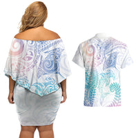 Aotearoa Maori Sea Animals Tribal Couples Matching Off Shoulder Short Dress and Hawaiian Shirt Manta Ray and Shark Moko Pattern Sweet Pastel