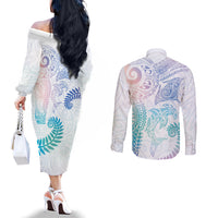 Aotearoa Maori Sea Animals Tribal Couples Matching Off The Shoulder Long Sleeve Dress and Long Sleeve Button Shirt Manta Ray and Shark Moko Pattern Sweet Pastel