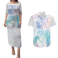 Aotearoa Maori Sea Animals Tribal Couples Matching Puletasi and Hawaiian Shirt Manta Ray and Shark Moko Pattern Sweet Pastel