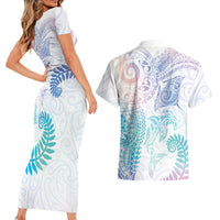 Aotearoa Maori Sea Animals Tribal Couples Matching Short Sleeve Bodycon Dress and Hawaiian Shirt Manta Ray and Shark Moko Pattern Sweet Pastel