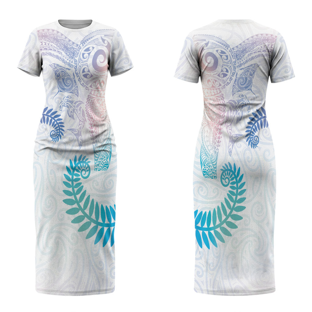 Aotearoa Maori Sea Animals Tribal Couples Matching Short Sleeve Bodycon Dress and Hawaiian Shirt Manta Ray and Shark Moko Pattern Sweet Pastel LT03 - Polynesian Pride