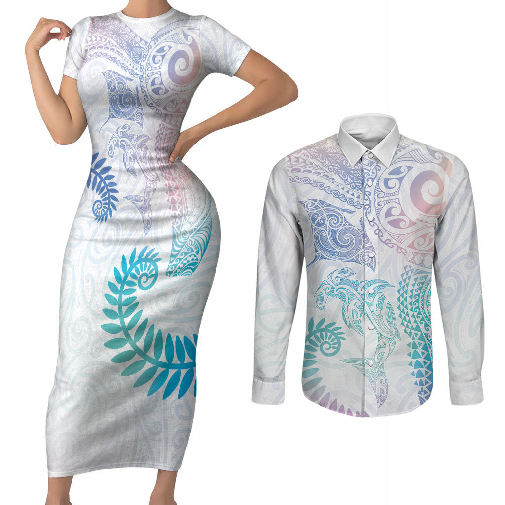 Aotearoa Maori Sea Animals Tribal Couples Matching Short Sleeve Bodycon Dress and Long Sleeve Button Shirt Manta Ray and Shark Moko Pattern Sweet Pastel LT03 Multicolor - Polynesian Pride