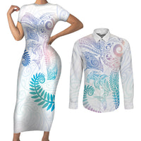 Aotearoa Maori Sea Animals Tribal Couples Matching Short Sleeve Bodycon Dress and Long Sleeve Button Shirt Manta Ray and Shark Moko Pattern Sweet Pastel