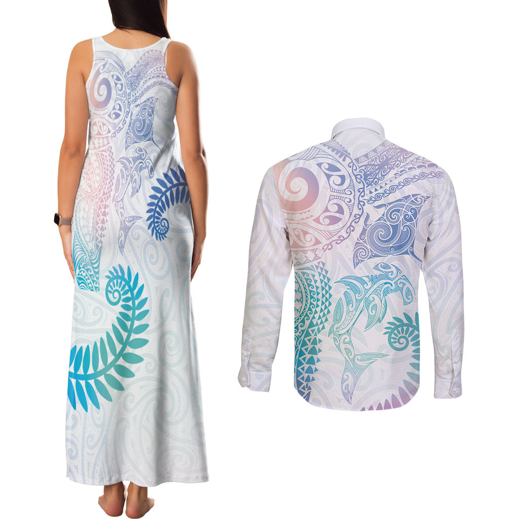 Aotearoa Maori Sea Animals Tribal Couples Matching Tank Maxi Dress and Long Sleeve Button Shirt Manta Ray and Shark Moko Pattern Sweet Pastel