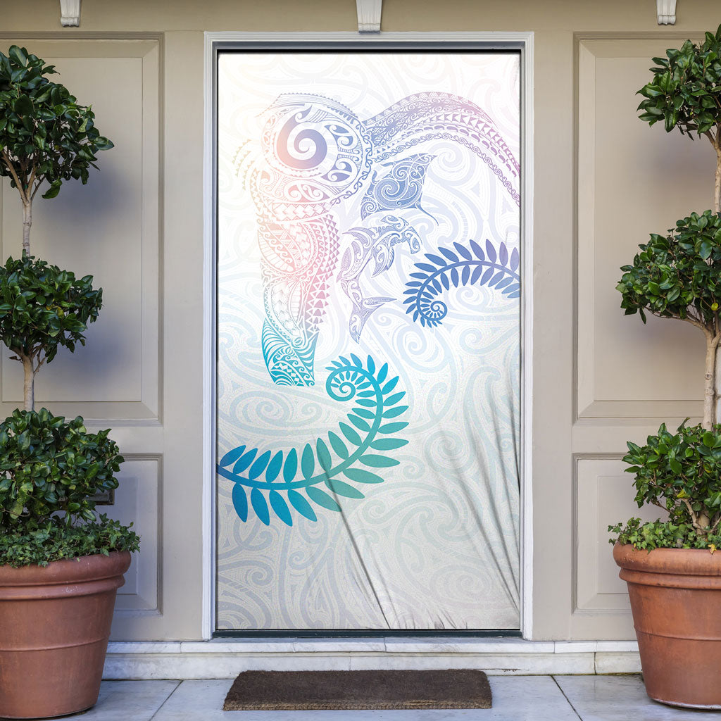 Aotearoa Maori Sea Animals Tribal Door Cover Manta Ray and Shark Moko Pattern Sweet Pastel