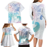 Aotearoa Maori Sea Animals Tribal Family Matching Long Sleeve Bodycon Dress and Hawaiian Shirt Manta Ray and Shark Moko Pattern Sweet Pastel
