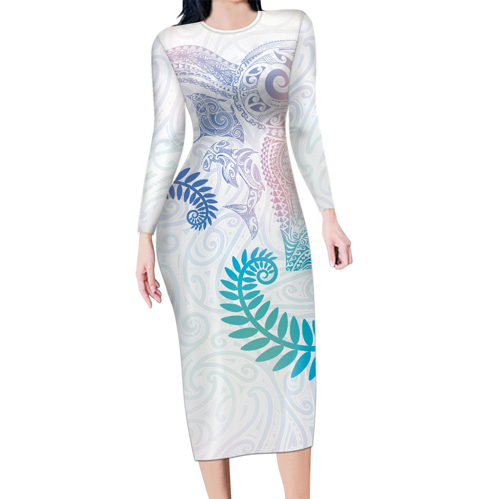 Aotearoa Maori Sea Animals Tribal Family Matching Long Sleeve Bodycon Dress and Hawaiian Shirt Manta Ray and Shark Moko Pattern Sweet Pastel