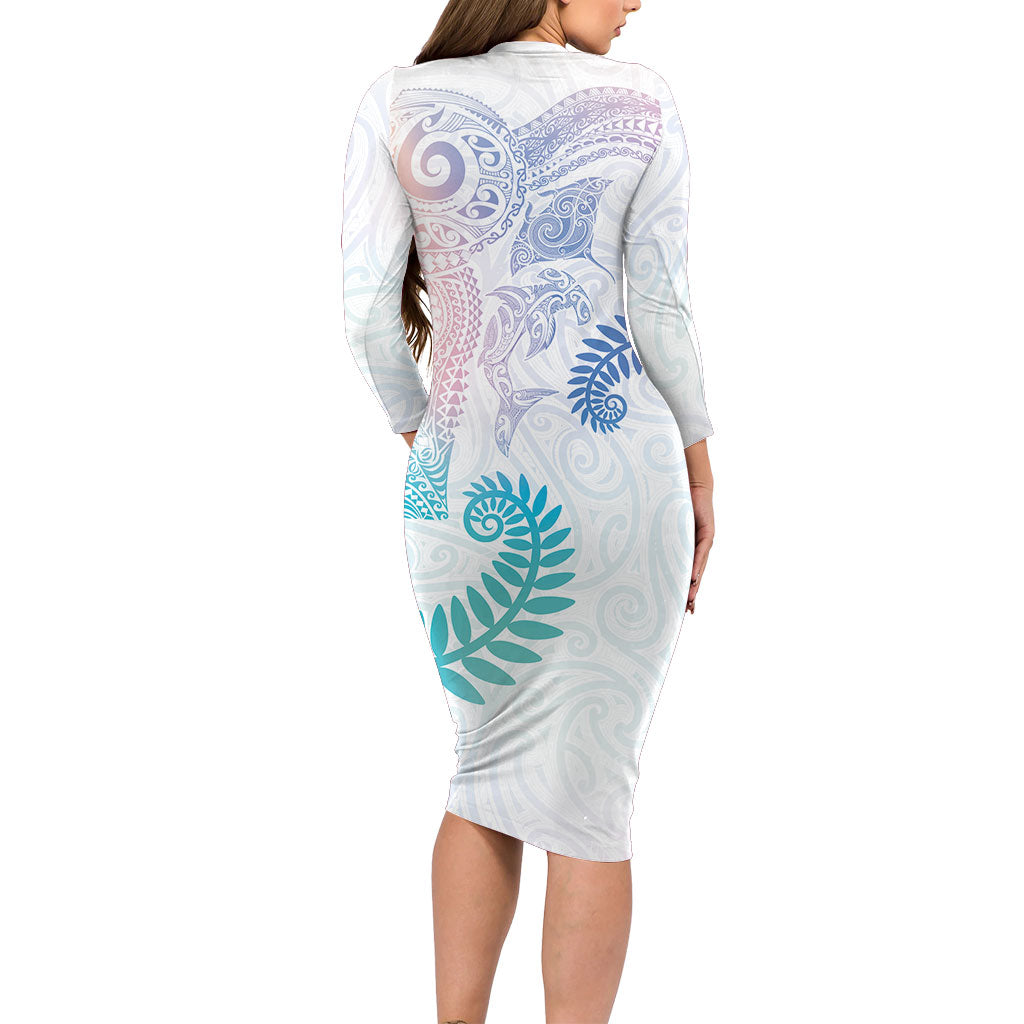 Aotearoa Maori Sea Animals Tribal Family Matching Long Sleeve Bodycon Dress and Hawaiian Shirt Manta Ray and Shark Moko Pattern Sweet Pastel