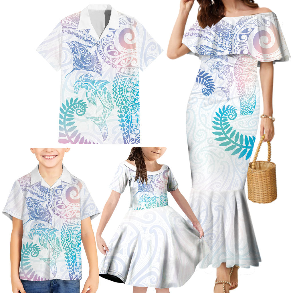 Aotearoa Maori Sea Animals Tribal Family Matching Mermaid Dress and Hawaiian Shirt Manta Ray and Shark Moko Pattern Sweet Pastel