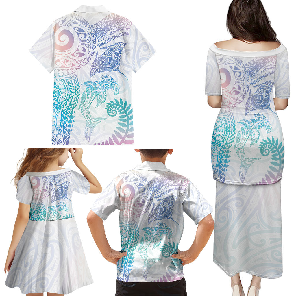 Aotearoa Maori Sea Animals Tribal Family Matching Puletasi and Hawaiian Shirt Manta Ray and Shark Moko Pattern Sweet Pastel
