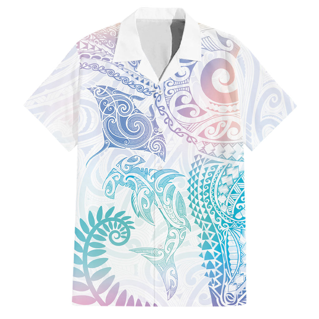 Aotearoa Maori Sea Animals Tribal Family Matching Puletasi and Hawaiian Shirt Manta Ray and Shark Moko Pattern Sweet Pastel
