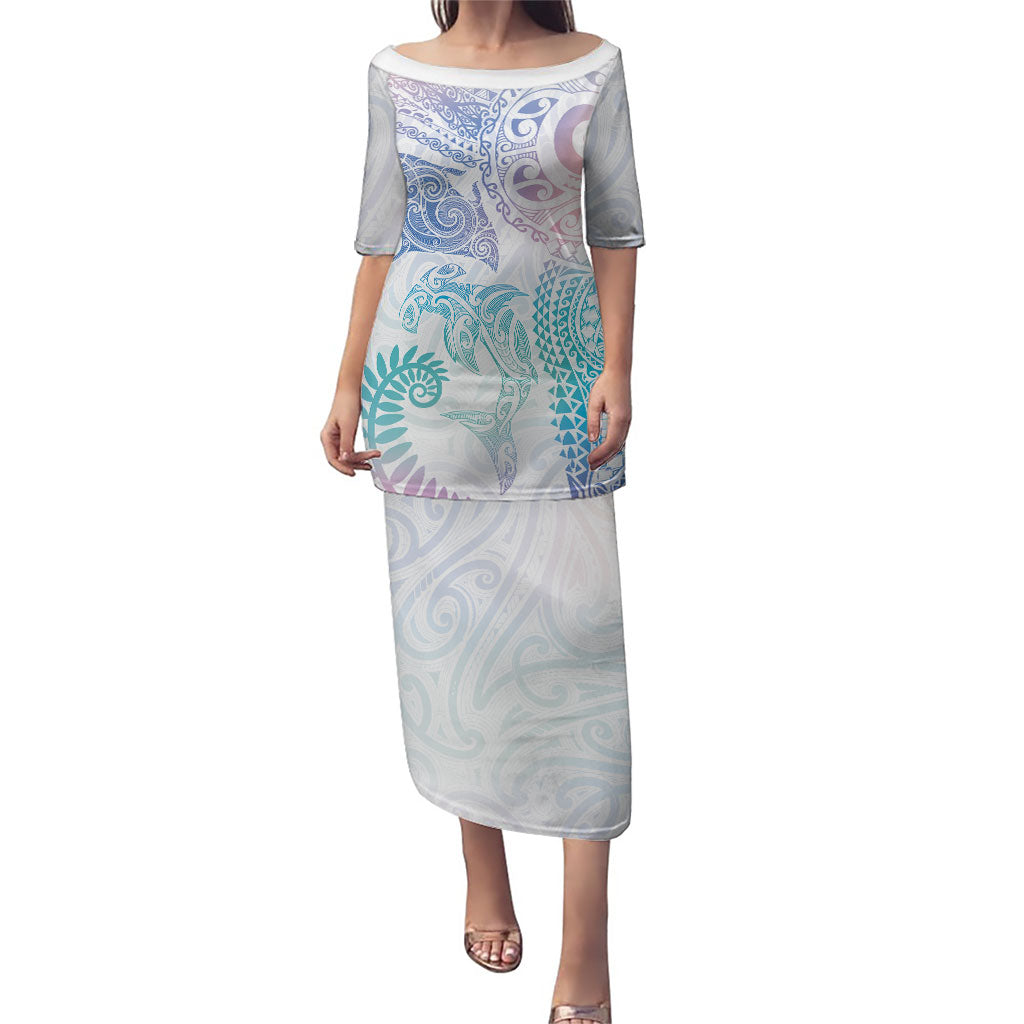 Aotearoa Maori Sea Animals Tribal Family Matching Puletasi and Hawaiian Shirt Manta Ray and Shark Moko Pattern Sweet Pastel