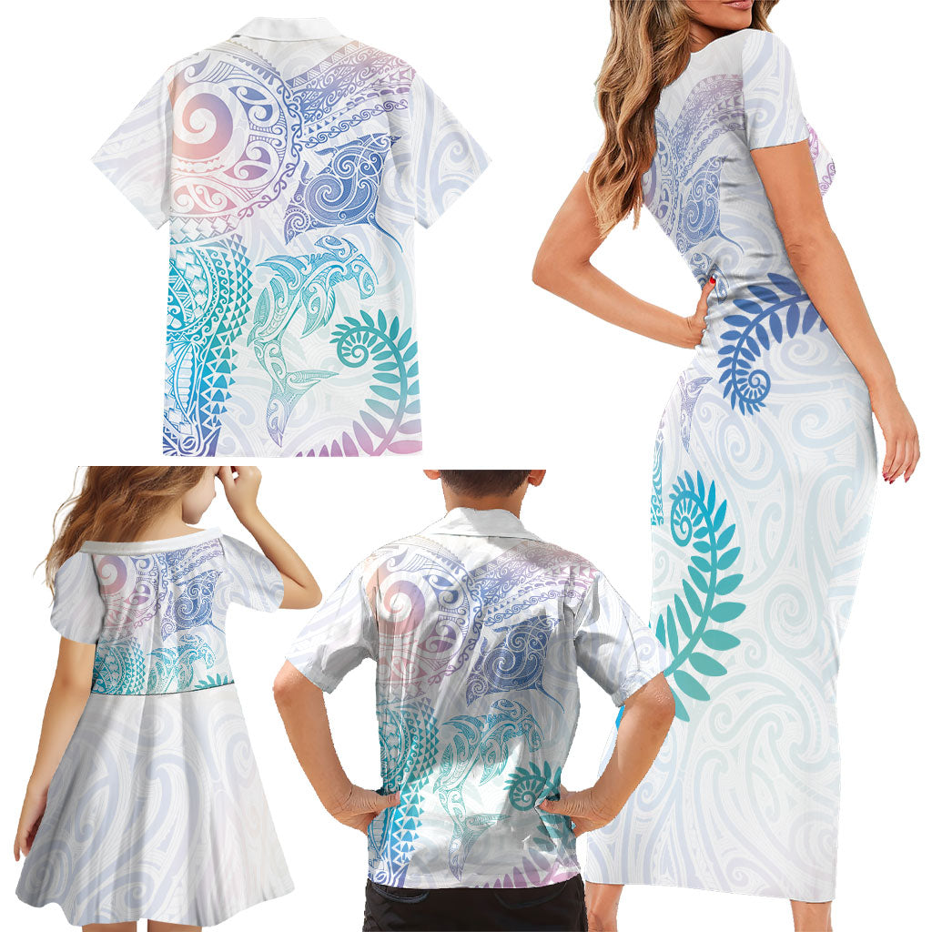 Aotearoa Maori Sea Animals Tribal Family Matching Short Sleeve Bodycon Dress and Hawaiian Shirt Manta Ray and Shark Moko Pattern Sweet Pastel