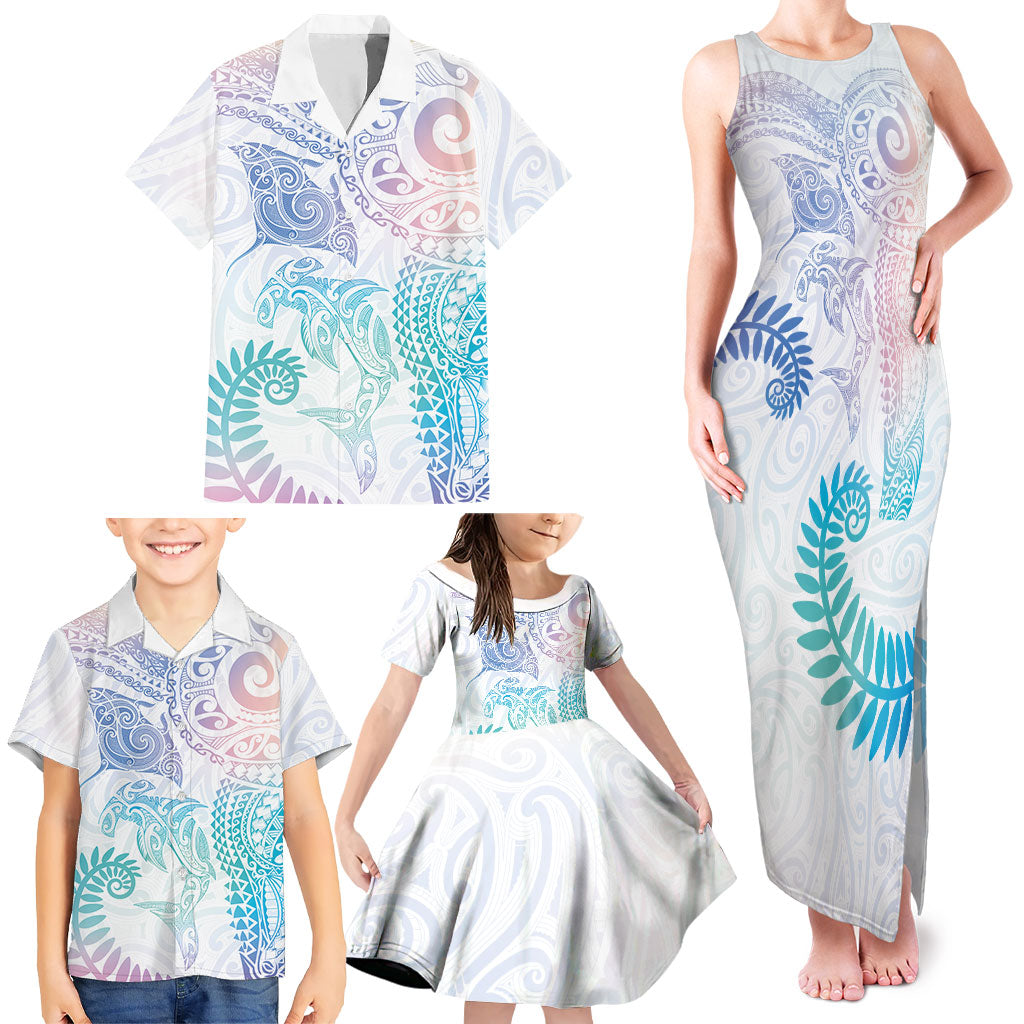 Aotearoa Maori Sea Animals Tribal Family Matching Tank Maxi Dress and Hawaiian Shirt Manta Ray and Shark Moko Pattern Sweet Pastel
