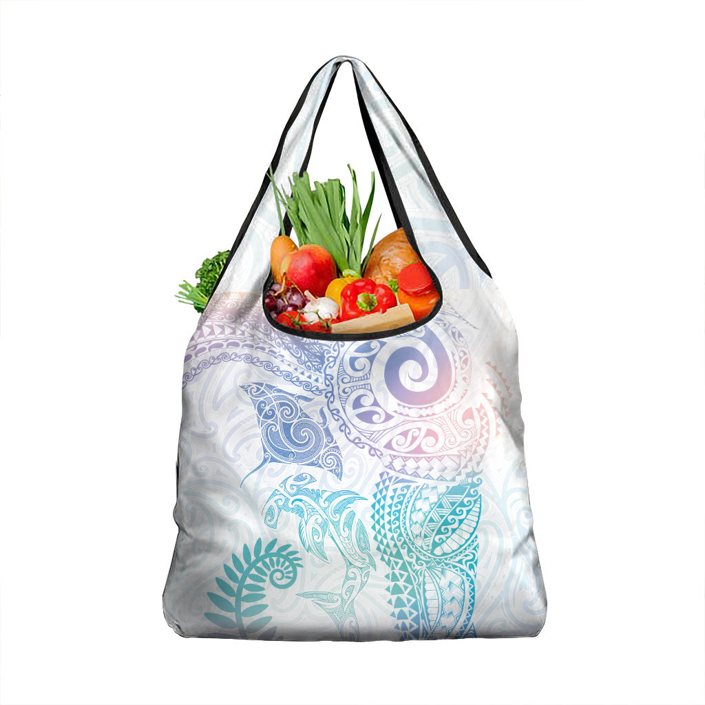 Aotearoa Maori Sea Animals Tribal Grocery Bag Manta Ray and Shark Moko Pattern Sweet Pastel