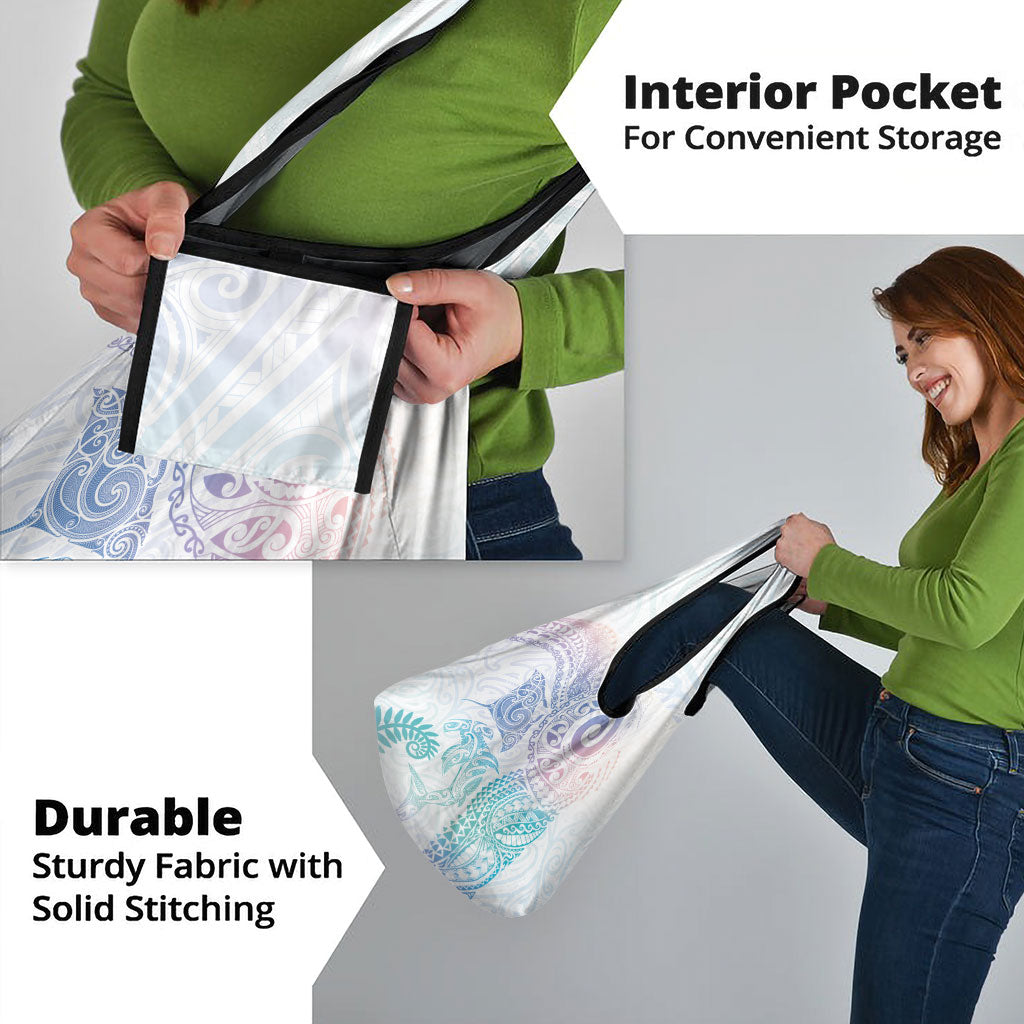 Aotearoa Maori Sea Animals Tribal Grocery Bag Manta Ray and Shark Moko Pattern Sweet Pastel