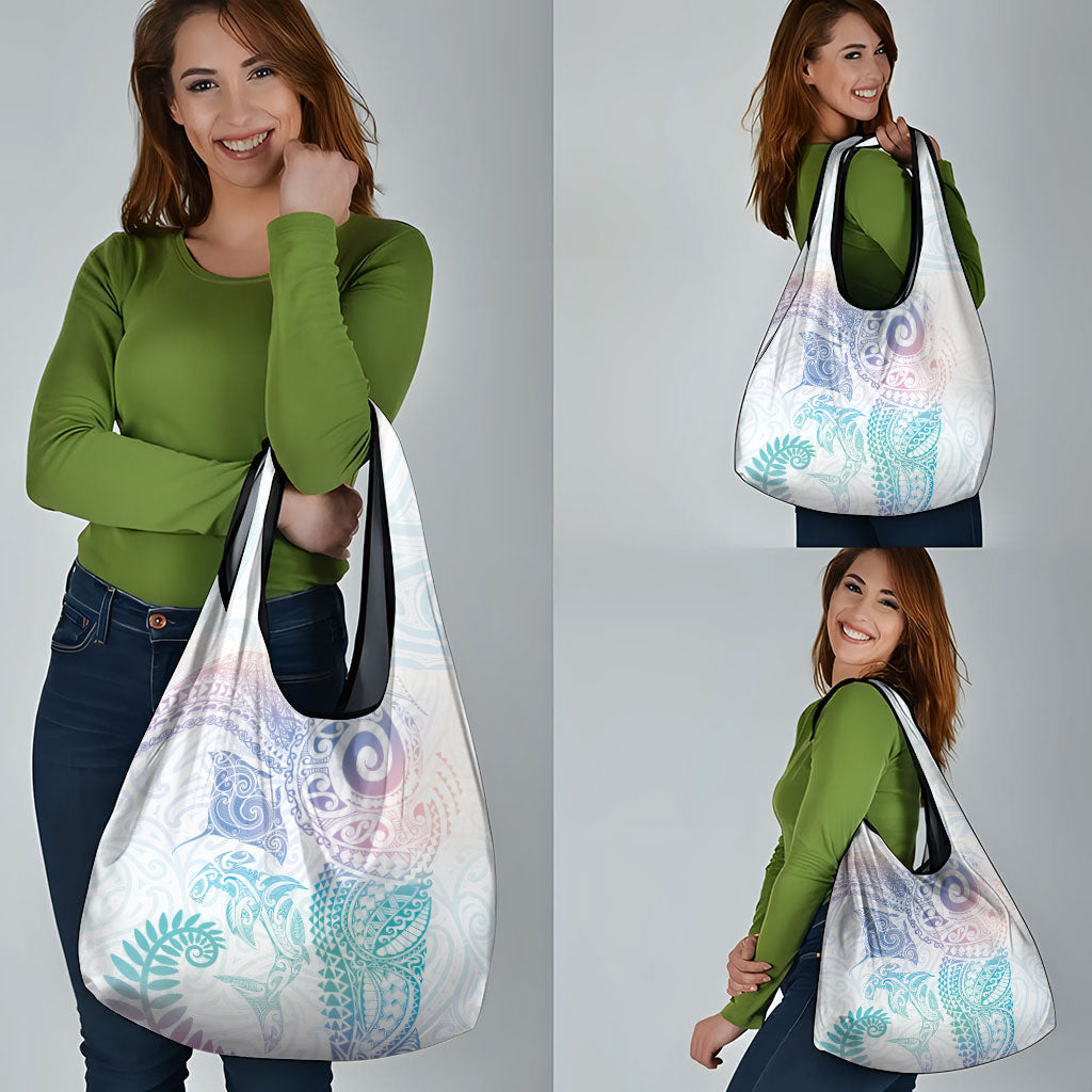 Aotearoa Maori Sea Animals Tribal Grocery Bag Manta Ray and Shark Moko Pattern Sweet Pastel