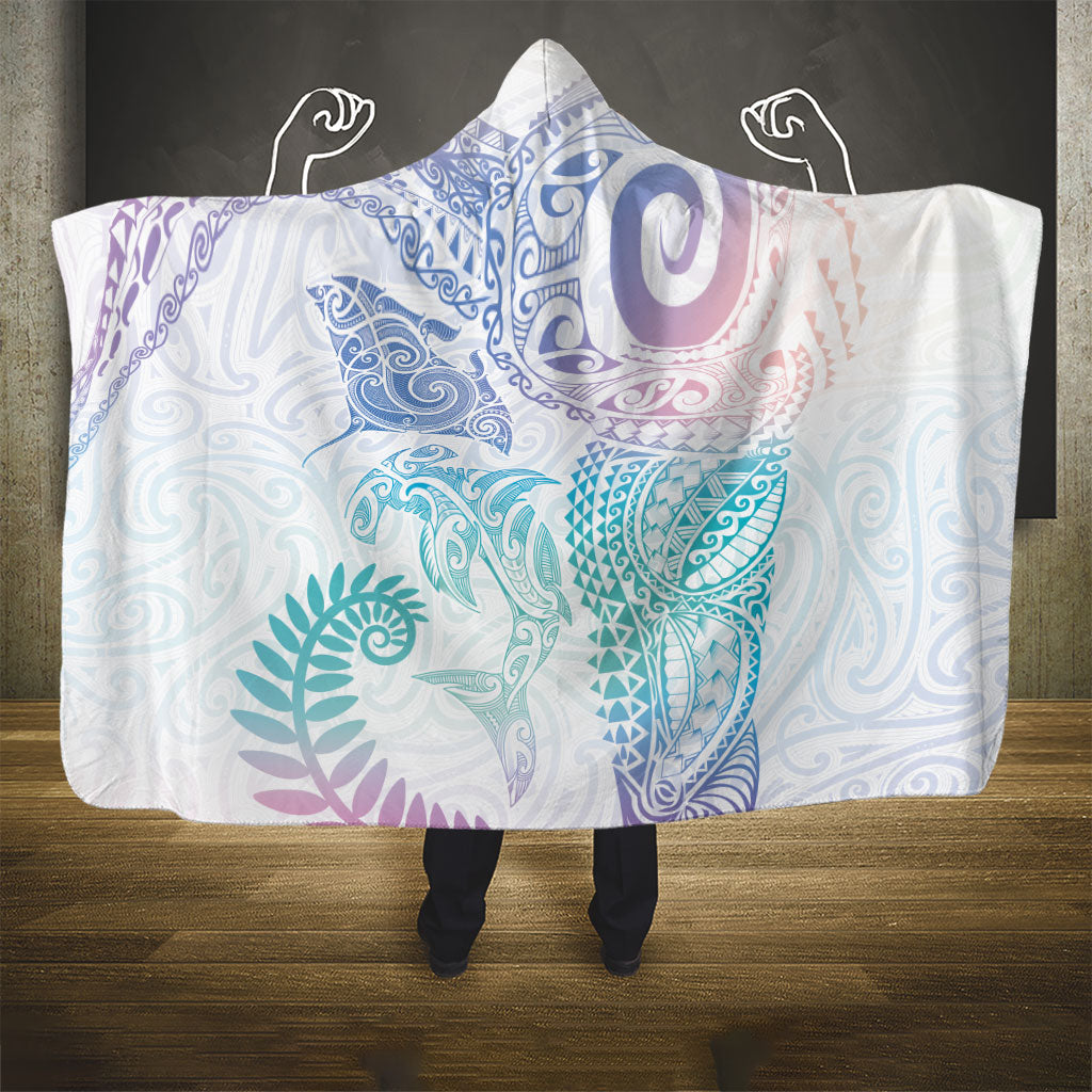 Aotearoa Maori Sea Animals Tribal Hooded Blanket Manta Ray and Shark Moko Pattern Sweet Pastel