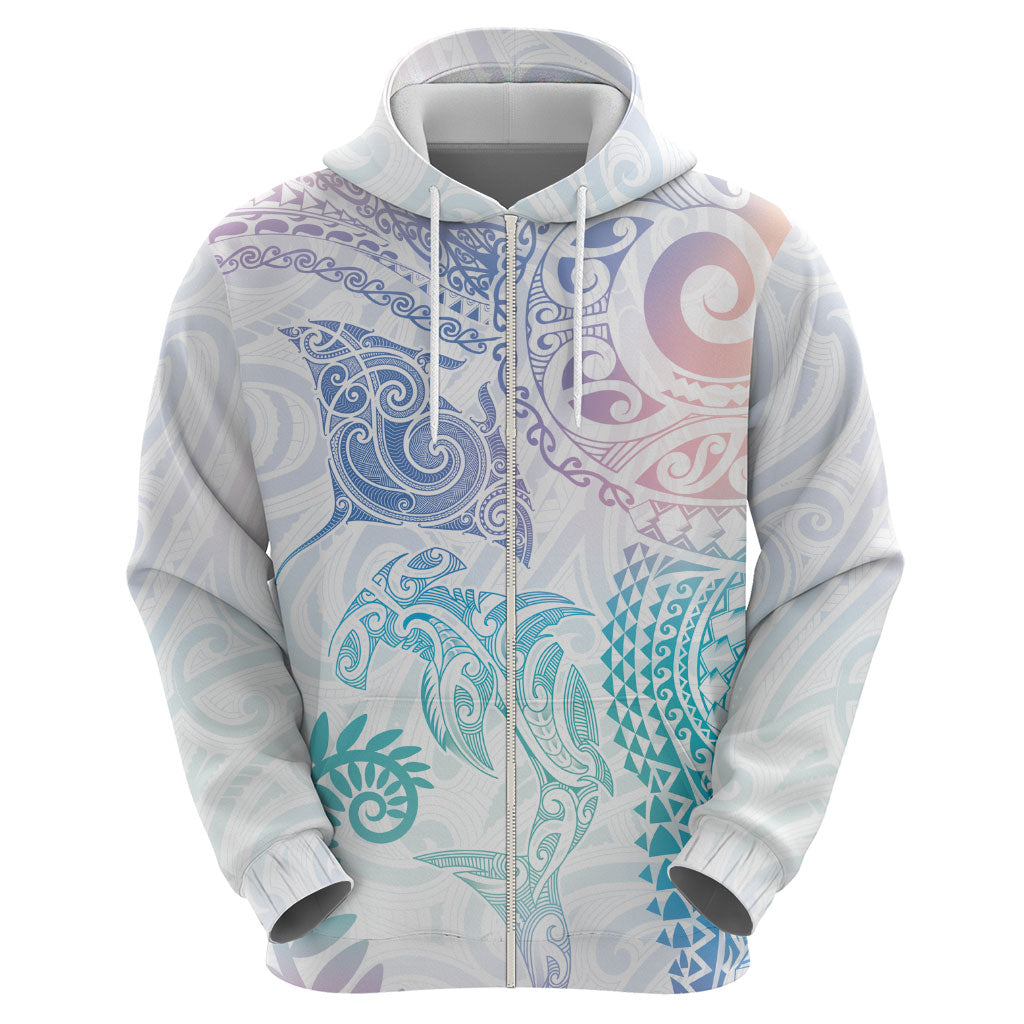 Aotearoa Maori Sea Animals Tribal Hoodie Manta Ray and Shark Moko Pattern Sweet Pastel