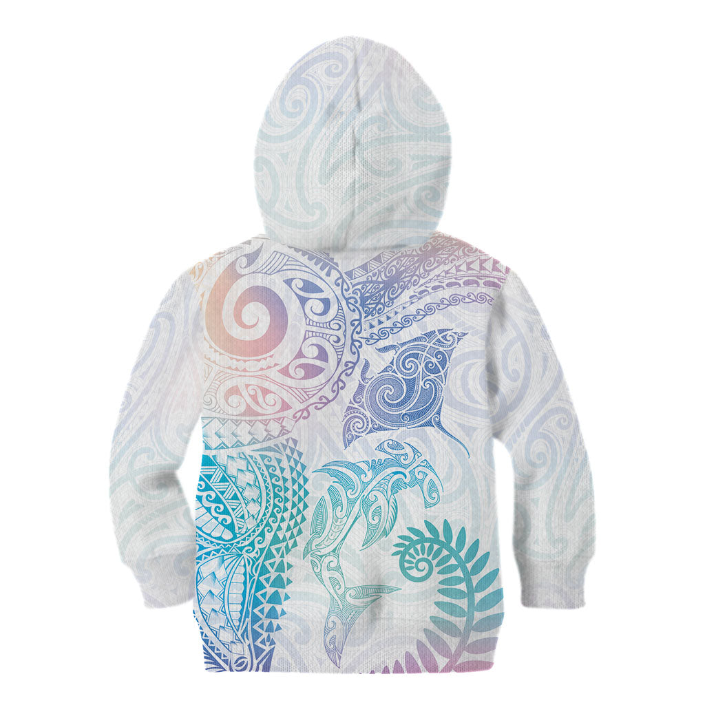 Aotearoa Maori Sea Animals Tribal Kid Hoodie Manta Ray and Shark Moko Pattern Sweet Pastel