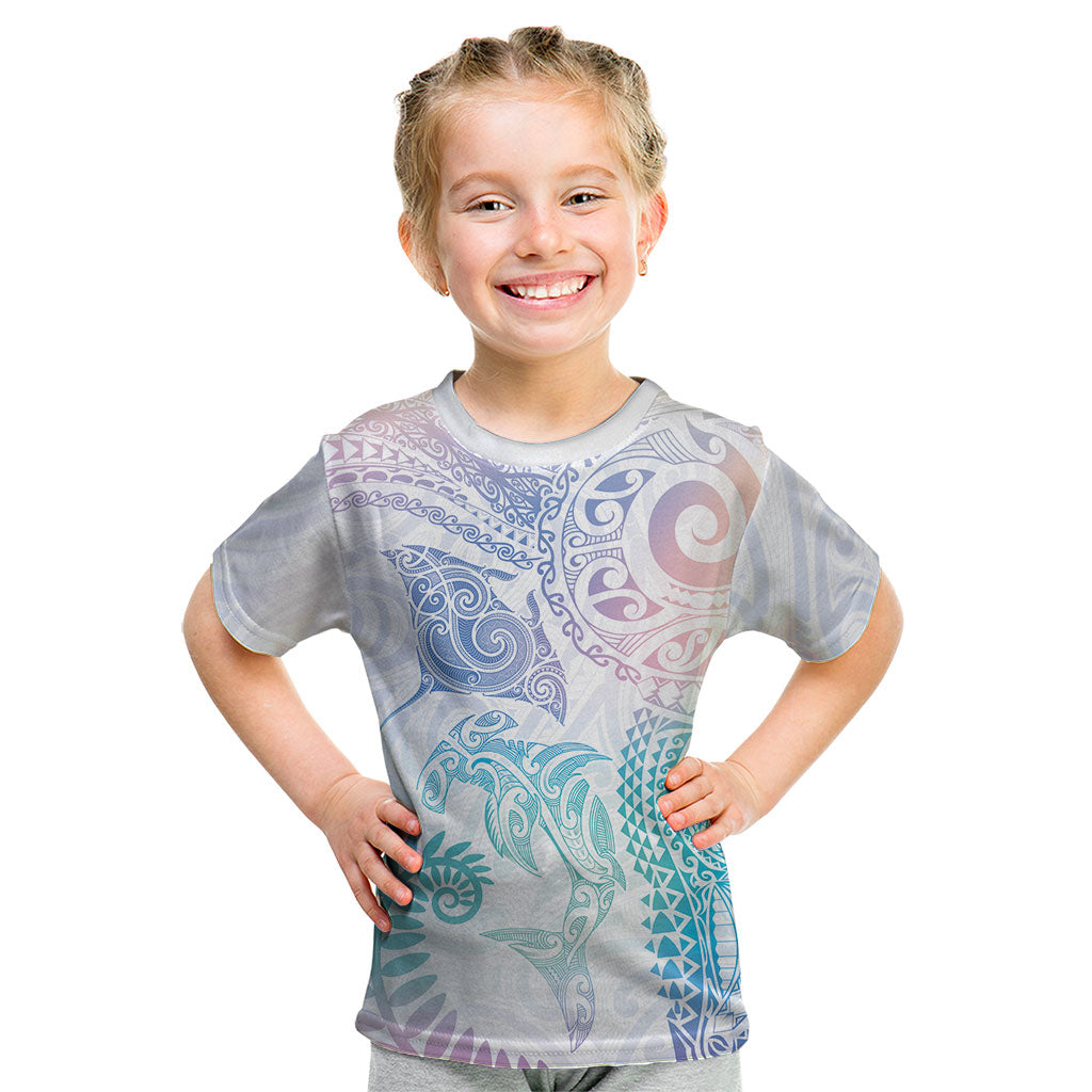 Aotearoa Maori Sea Animals Tribal Kid T Shirt Manta Ray and Shark Moko Pattern Sweet Pastel