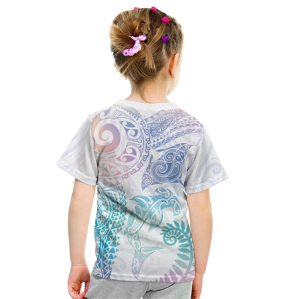 Aotearoa Maori Sea Animals Tribal Kid T Shirt Manta Ray and Shark Moko Pattern Sweet Pastel