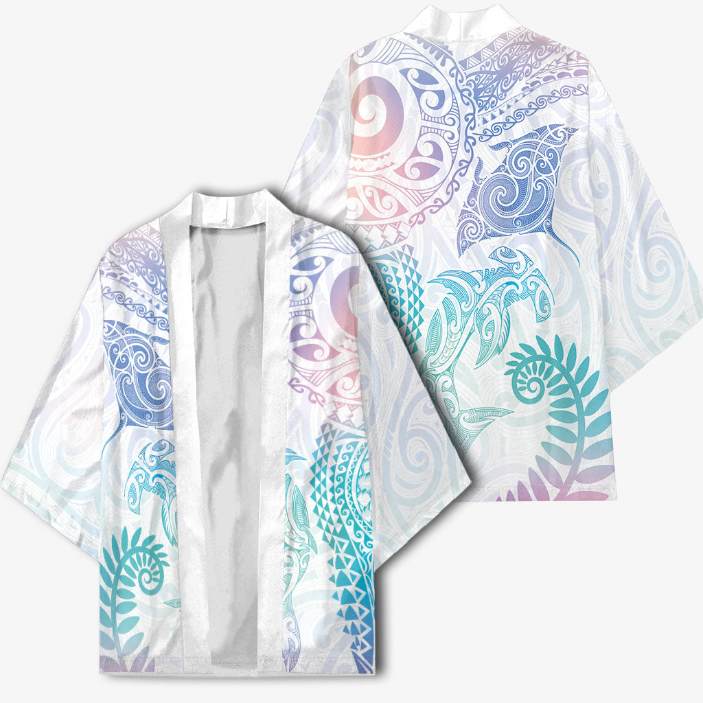 Aotearoa Maori Sea Animals Tribal Kimono Manta Ray and Shark Moko Pattern Sweet Pastel