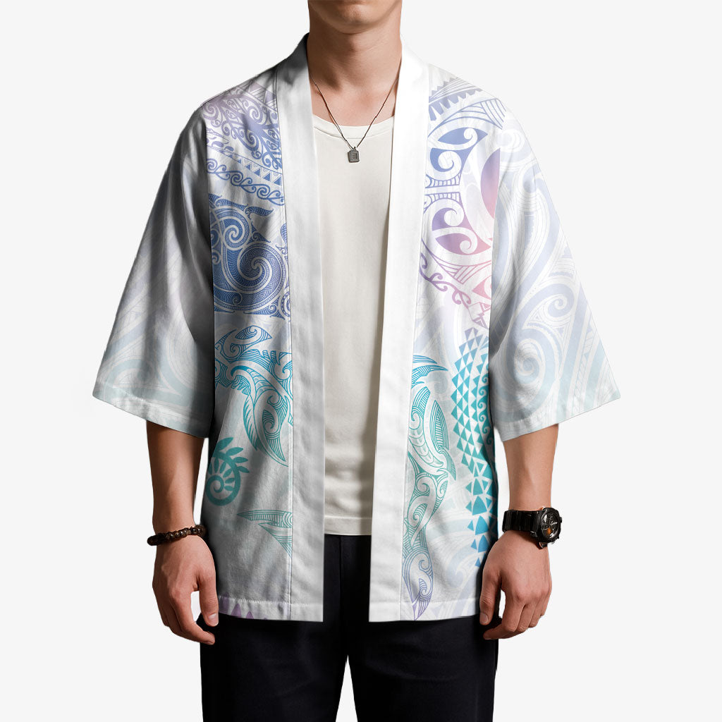 Aotearoa Maori Sea Animals Tribal Kimono Manta Ray and Shark Moko Pattern Sweet Pastel