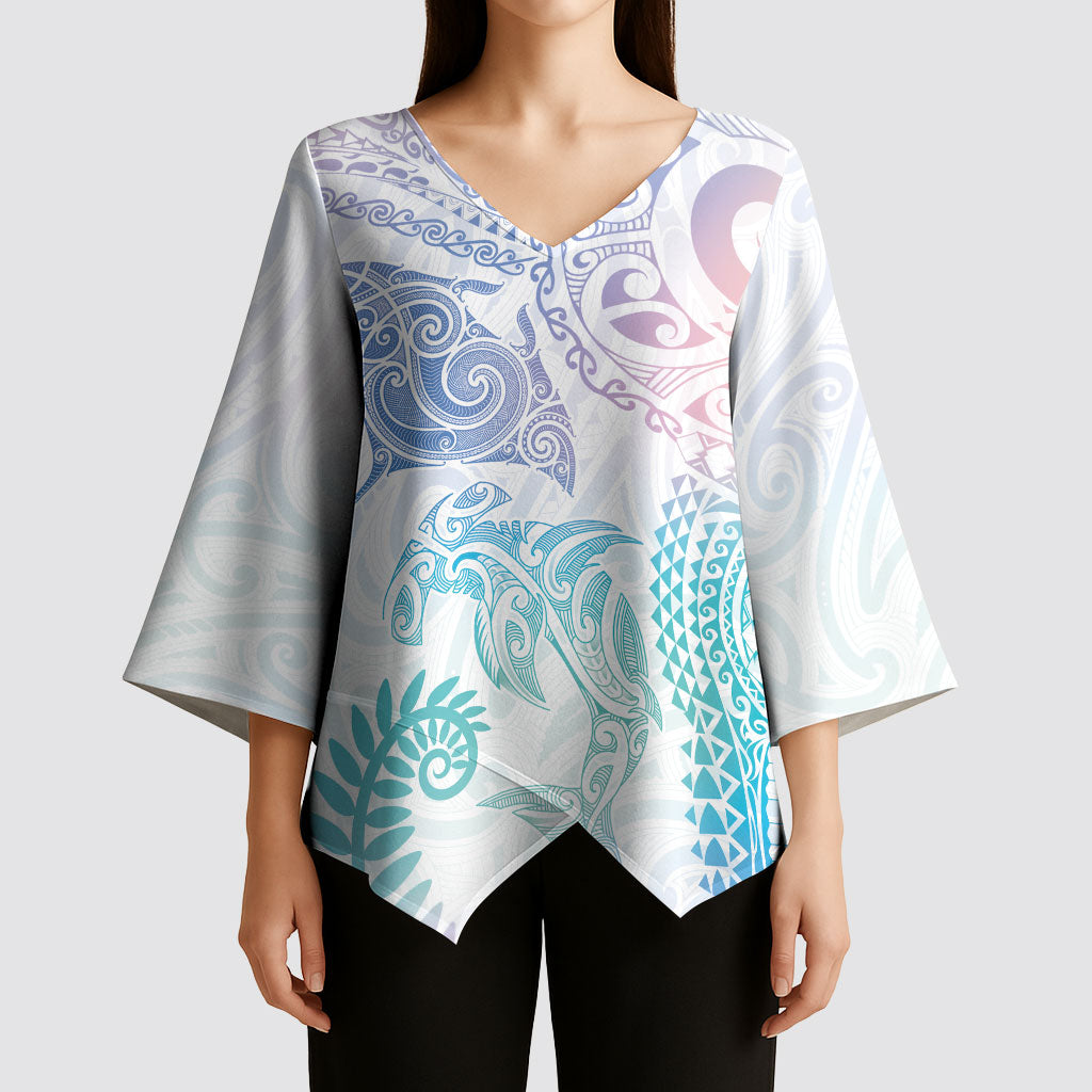 Aotearoa Maori Sea Animals Tribal Kimono Sleeve Blouse Manta Ray and Shark Moko Pattern Sweet Pastel