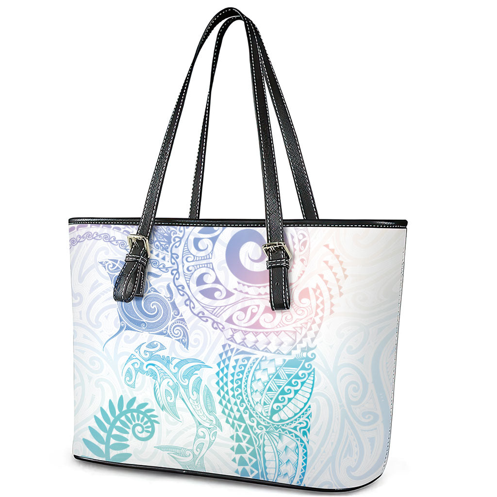 Aotearoa Maori Sea Animals Tribal Leather Tote Bag Manta Ray and Shark Moko Pattern Sweet Pastel