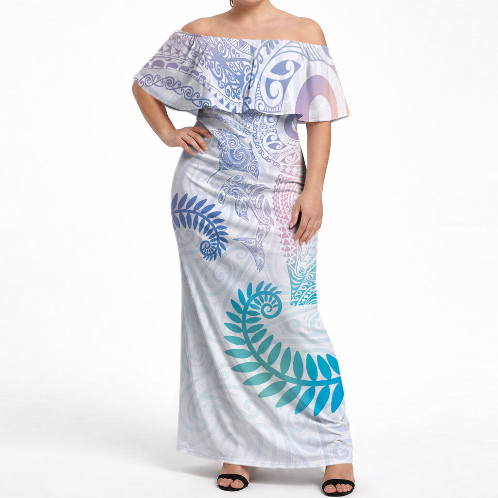 Aotearoa Maori Sea Animals Tribal Off Shoulder Maxi Dress Manta Ray and Shark Moko Pattern Sweet Pastel LT03 Women Multicolor - Polynesian Pride