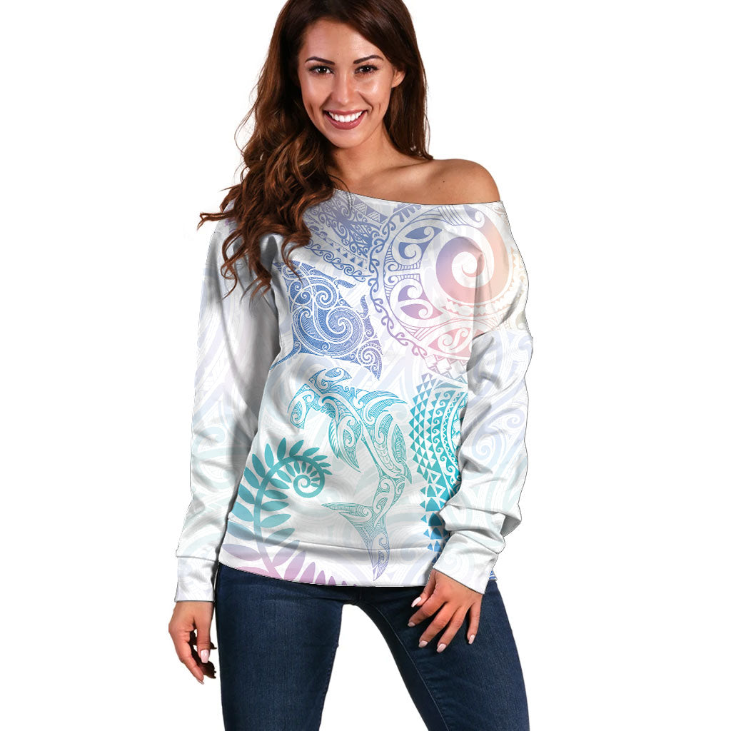 Aotearoa Maori Sea Animals Tribal Off Shoulder Sweater Manta Ray and Shark Moko Pattern Sweet Pastel