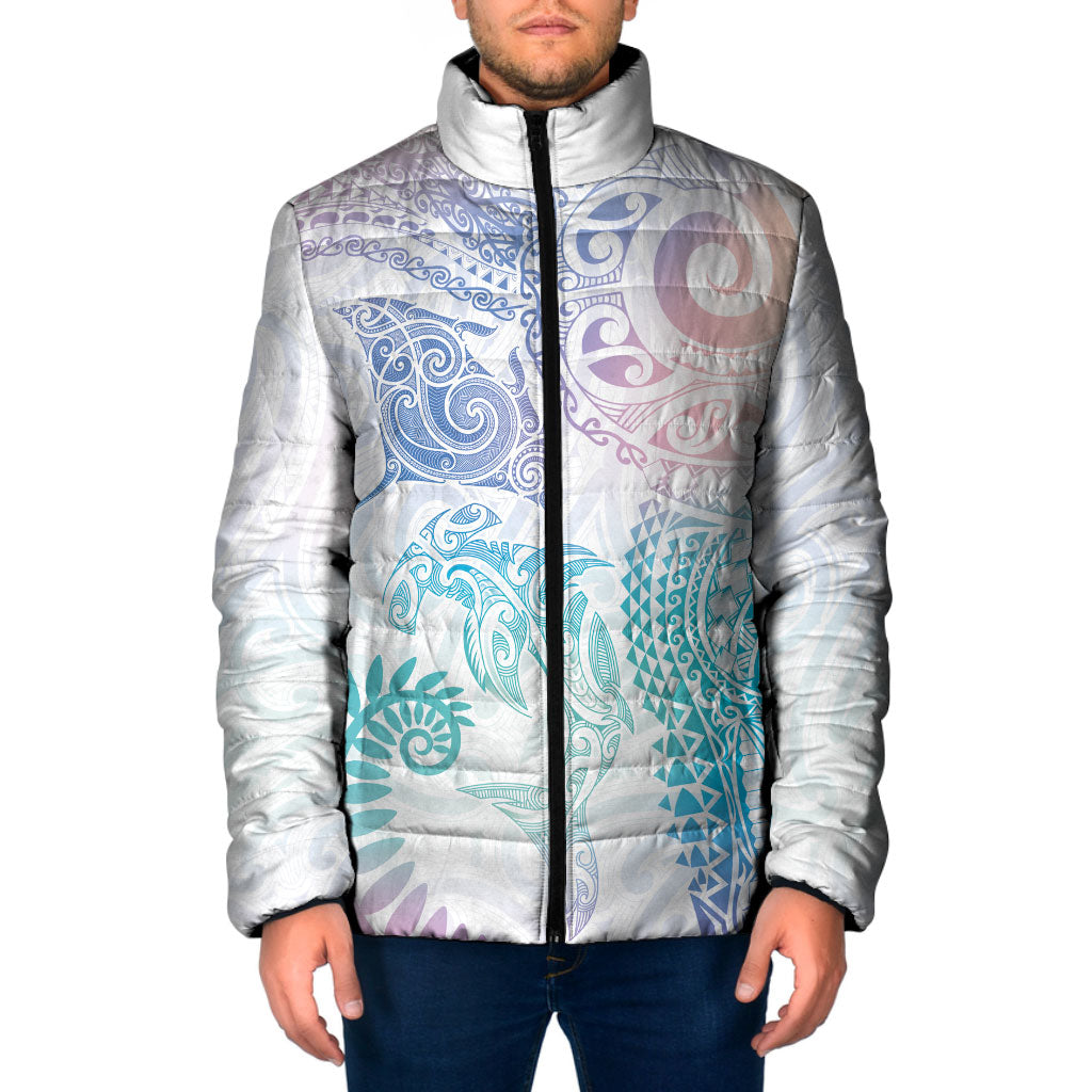 Aotearoa Maori Sea Animals Tribal Padded Jacket Manta Ray and Shark Moko Pattern Sweet Pastel
