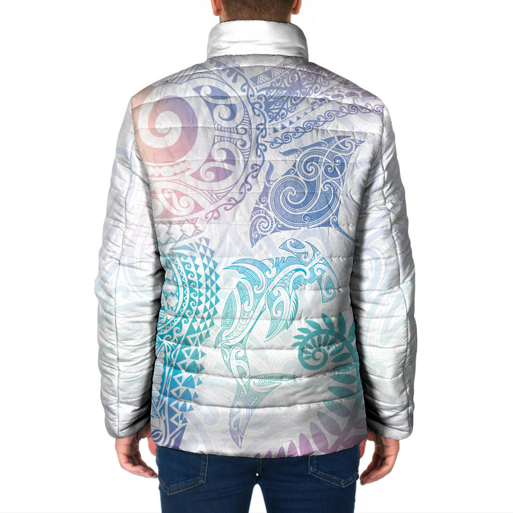 Aotearoa Maori Sea Animals Tribal Padded Jacket Manta Ray and Shark Moko Pattern Sweet Pastel
