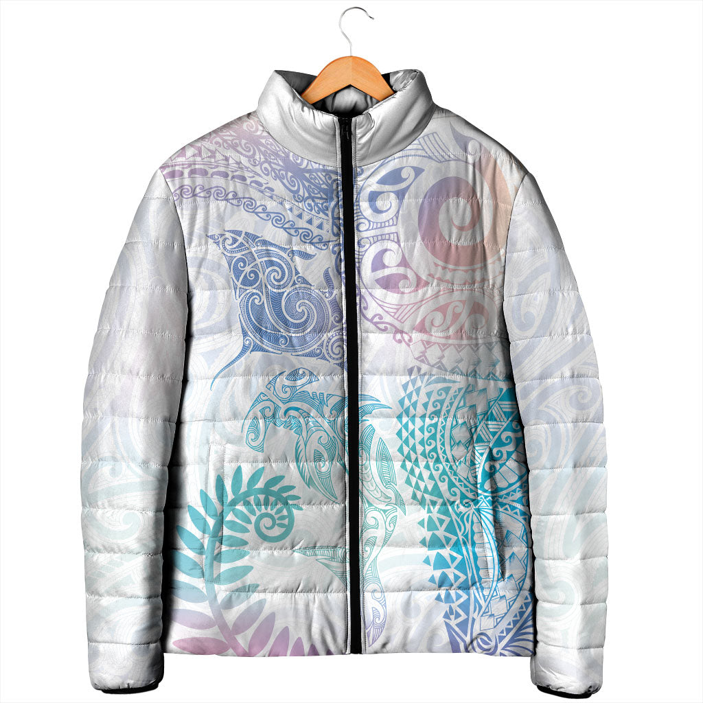 Aotearoa Maori Sea Animals Tribal Padded Jacket Manta Ray and Shark Moko Pattern Sweet Pastel
