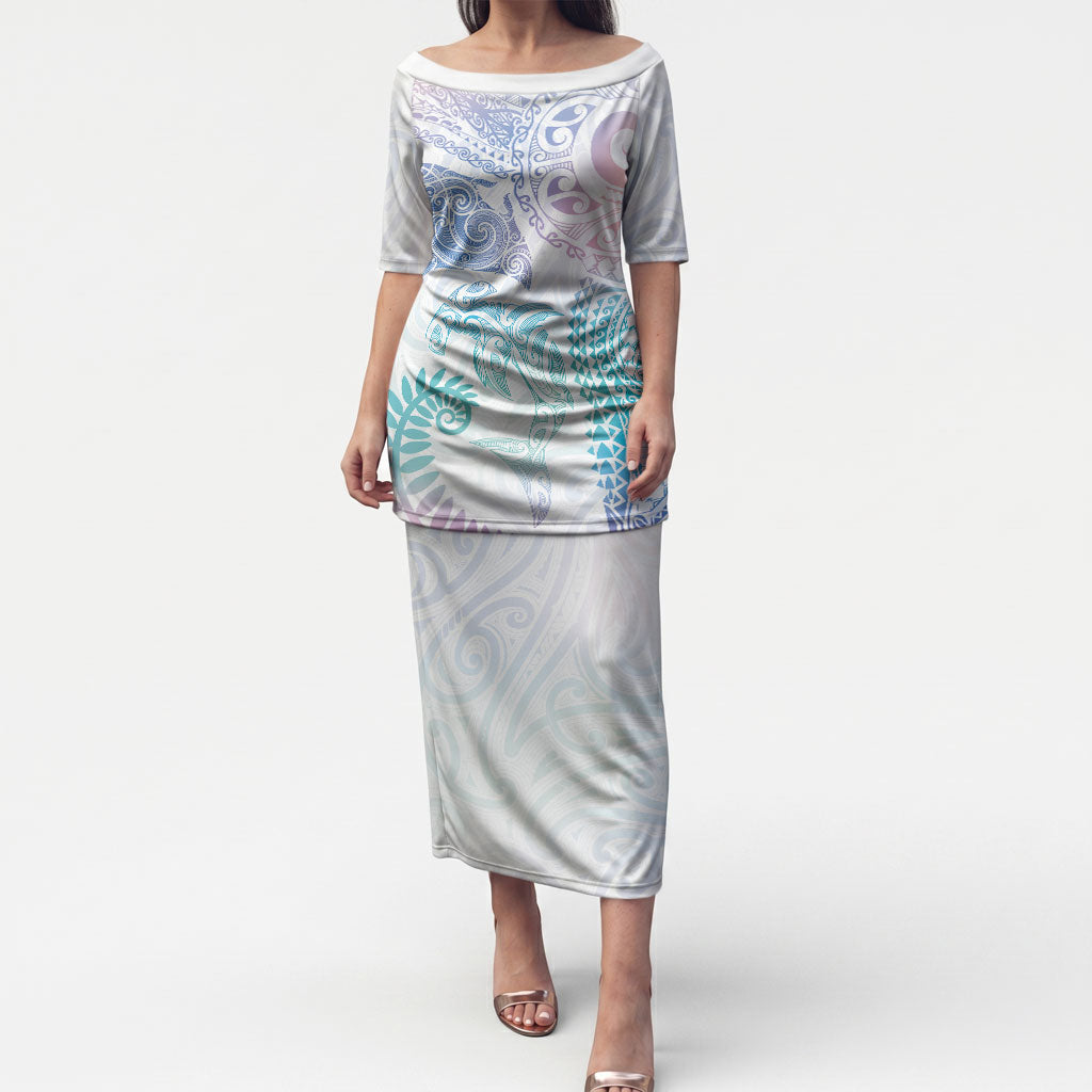 Aotearoa Maori Sea Animals Tribal Puletasi Manta Ray and Shark Moko Pattern Sweet Pastel LT03 Long Dress Multicolor - Polynesian Pride