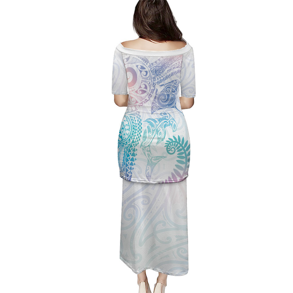 Aotearoa Maori Sea Animals Tribal Puletasi Manta Ray and Shark Moko Pattern Sweet Pastel