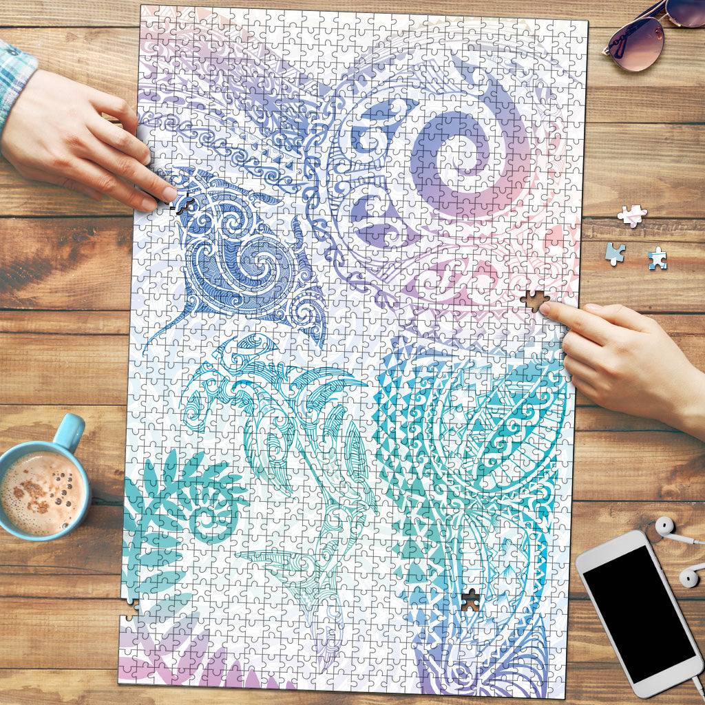 Aotearoa Maori Sea Animals Tribal Puzzle Manta Ray and Shark Moko Pattern Sweet Pastel