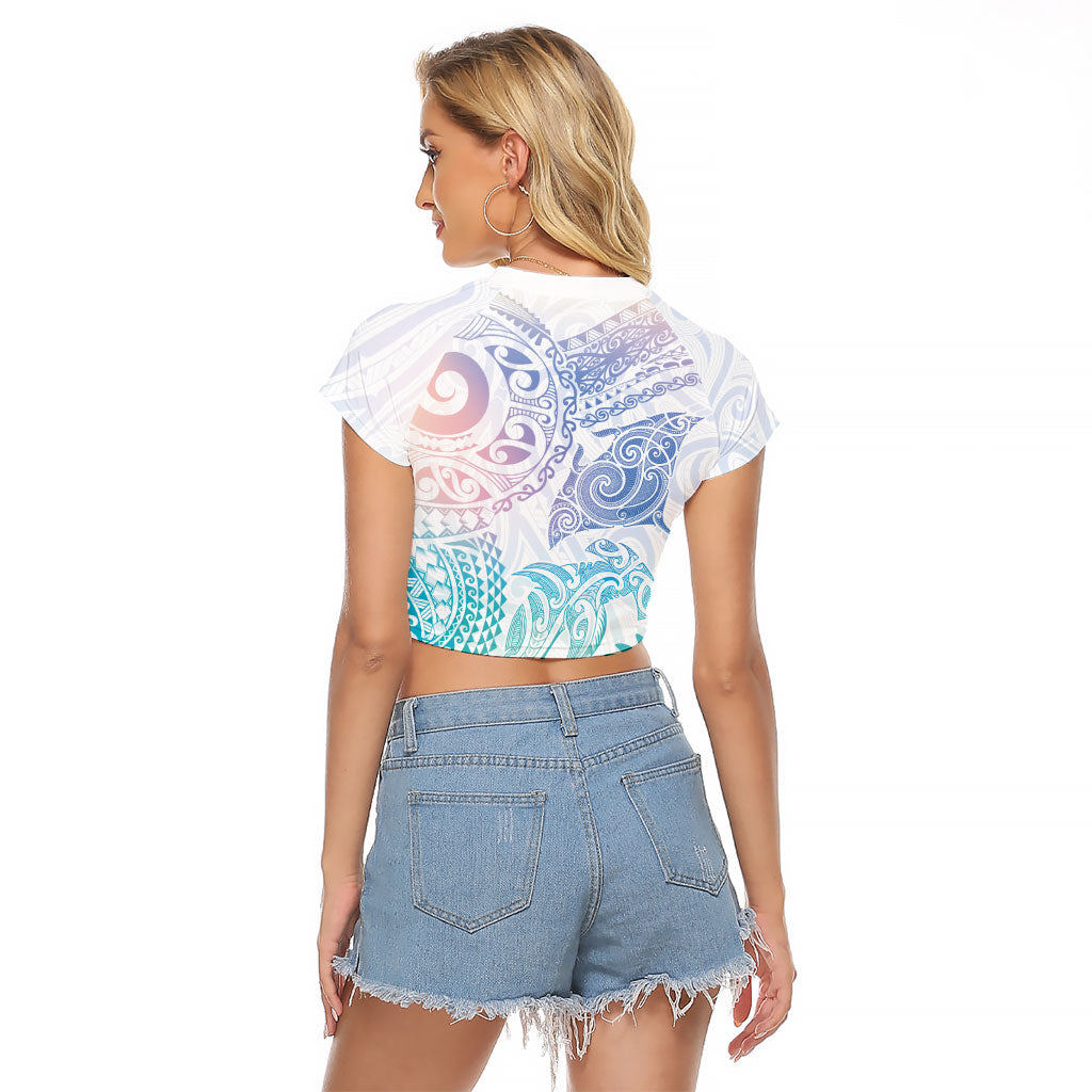 Aotearoa Maori Sea Animals Tribal Raglan Cropped T Shirt Manta Ray and Shark Moko Pattern Sweet Pastel