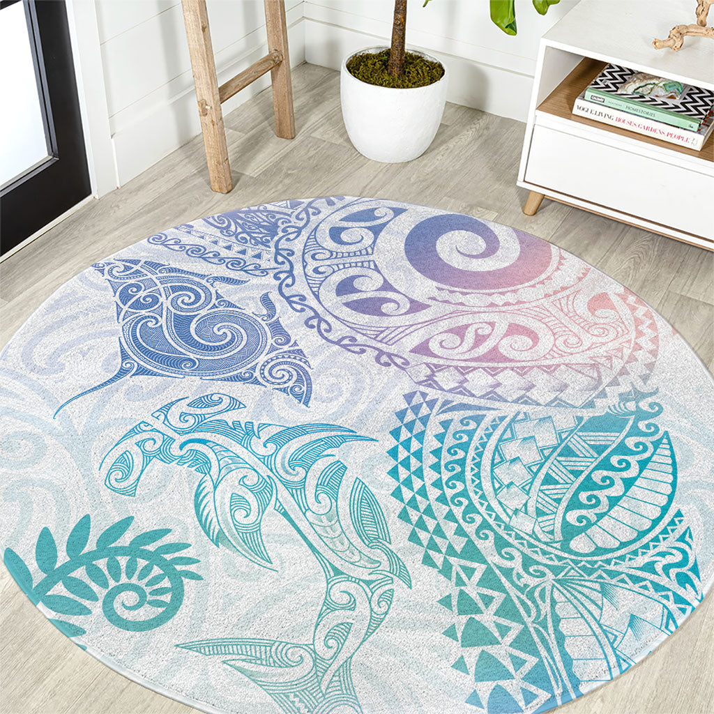 Aotearoa Maori Sea Animals Tribal Round Carpet Manta Ray and Shark Moko Pattern Sweet Pastel LT03 Multicolor - Polynesian Pride