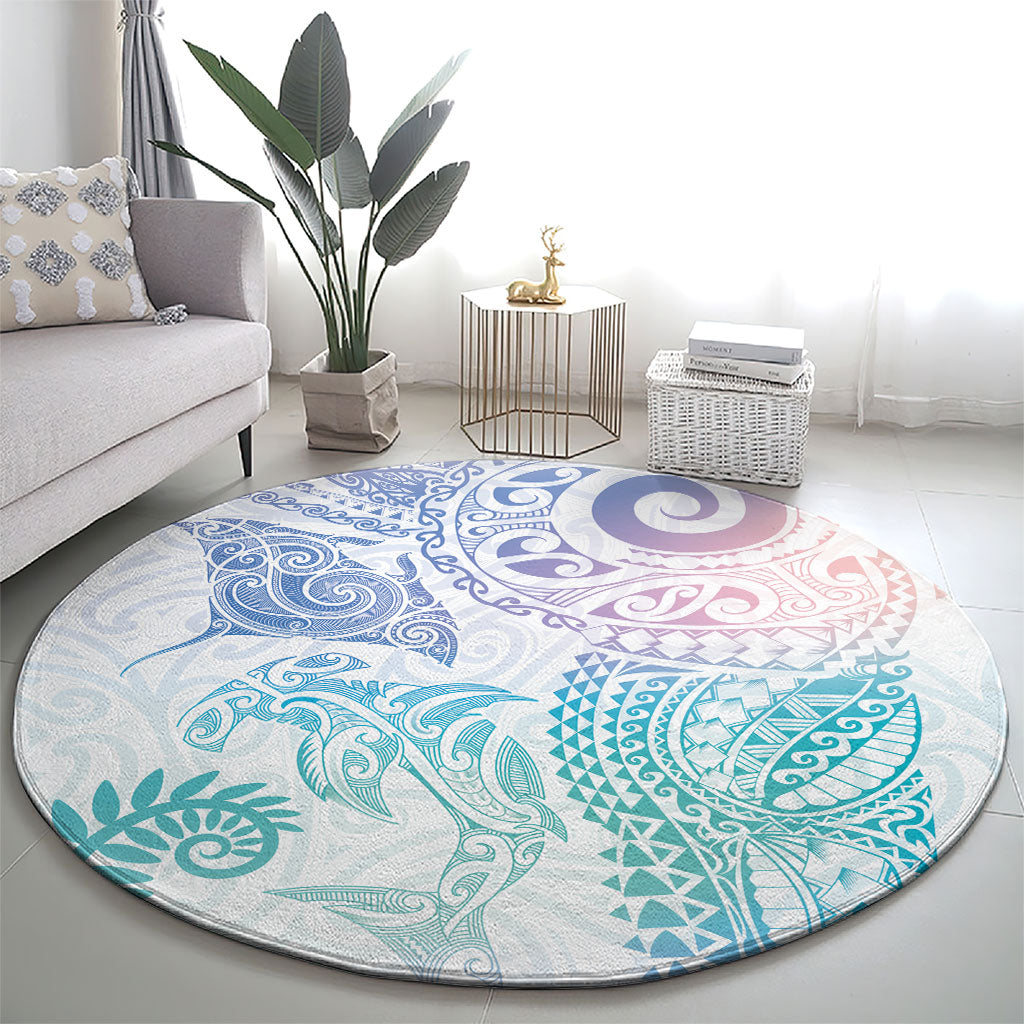 Aotearoa Maori Sea Animals Tribal Round Carpet Manta Ray and Shark Moko Pattern Sweet Pastel