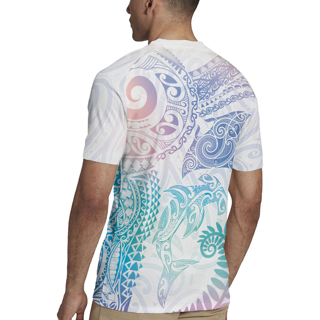 Aotearoa Maori Sea Animals Tribal Rugby Jersey Manta Ray and Shark Moko Pattern Sweet Pastel